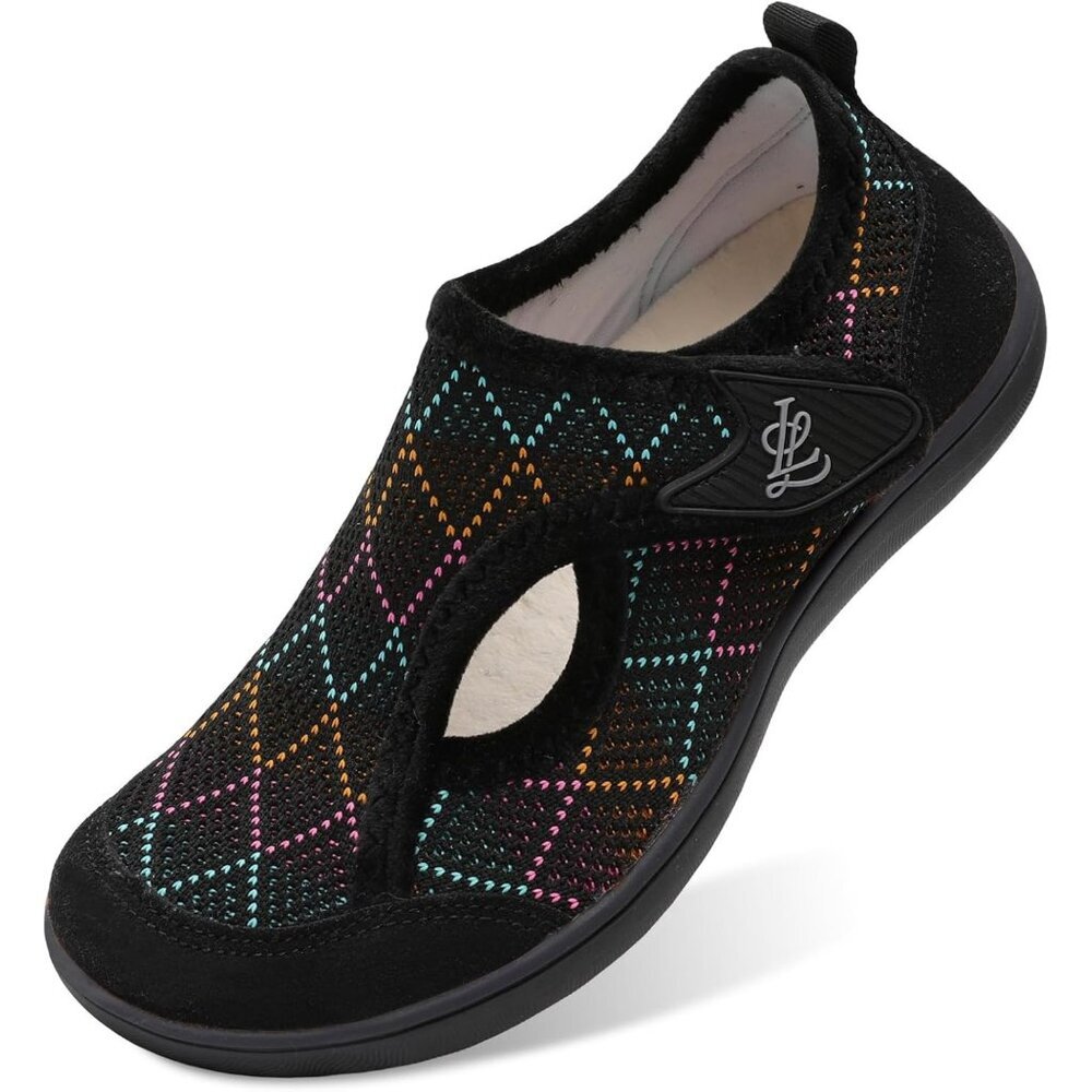 〽️Women's Slippers Black Knit Adjustable Arthritis House Shoes Hook and Loop